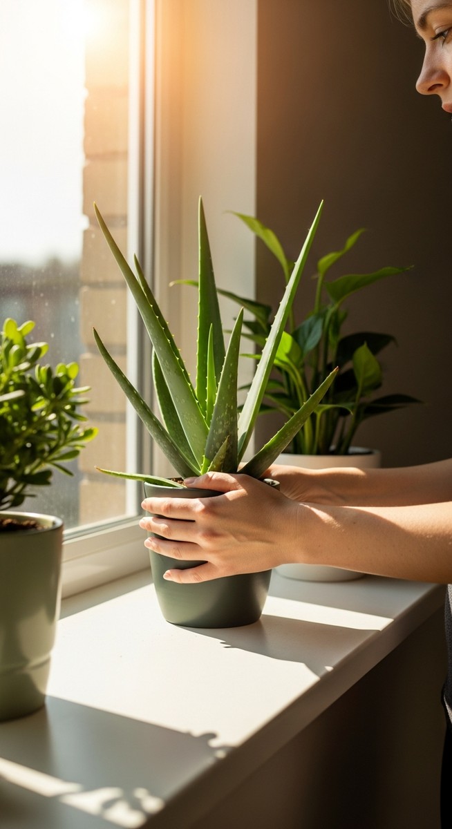 a person placing a a sun-loving houseplant such as a cactus or aloe vera in the ideal spot in a bright windowsill with strong direct sunlight streaming in, for direct sunlight