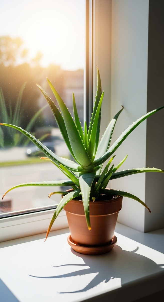 a a sun-loving houseplant such as a cactus or aloe vera in the brightest spot of a bright windowsill with strong direct sunlight streaming in