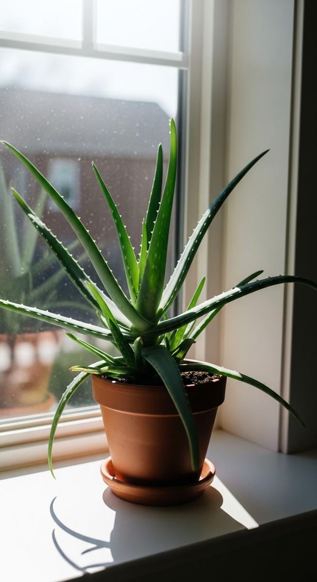 a a sun-loving houseplant such as a cactus or aloe vera with its leaves oriented toward the light in a bright windowsill with strong direct sunlight streaming in