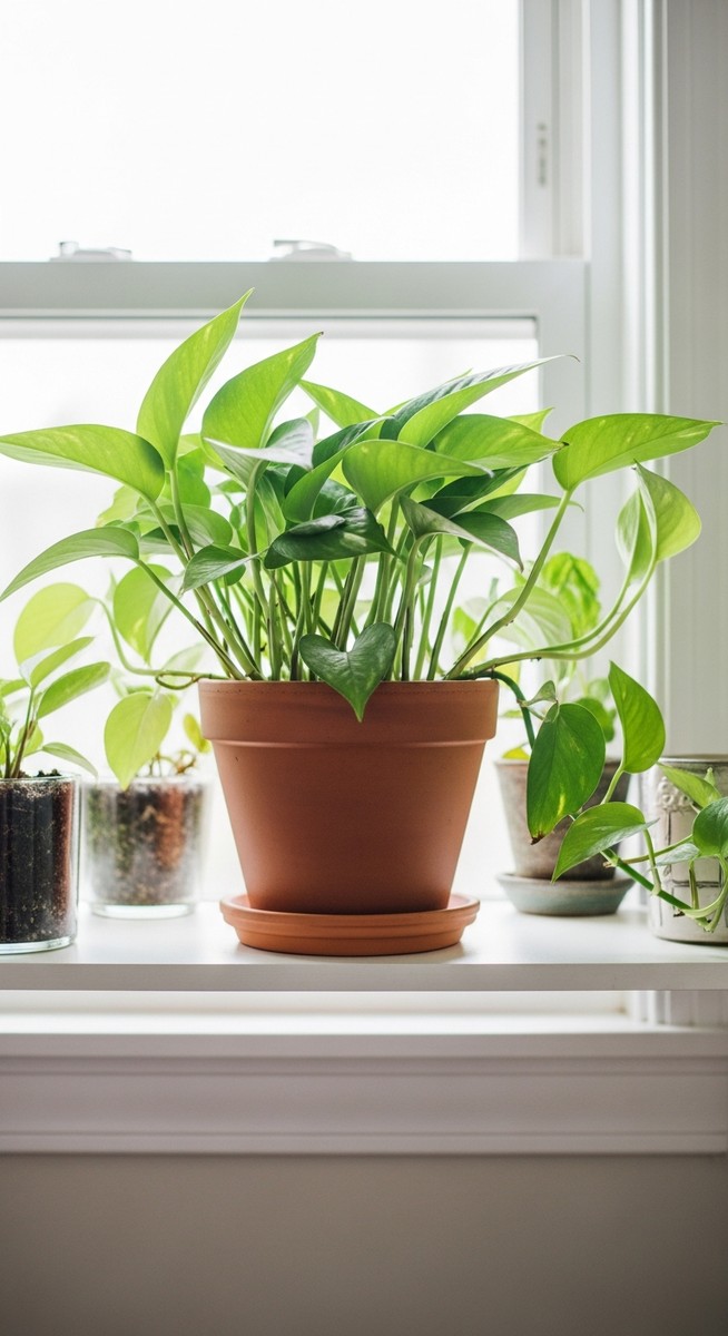 a lush pothos plant in a terracotta pot on a white shelf