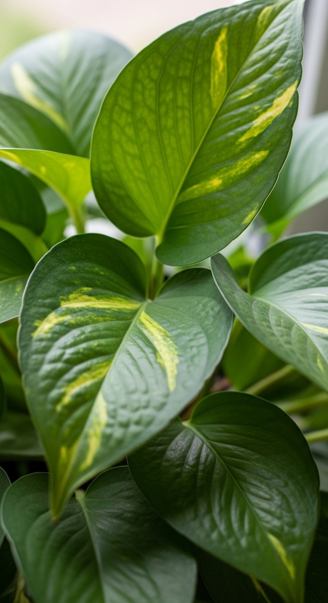 close-up of healthy pothos leaves showing vivid colour and texture, for do pothos need drainage