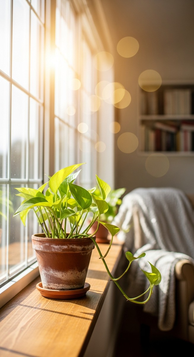 a pothos plant in a pot near a bright window