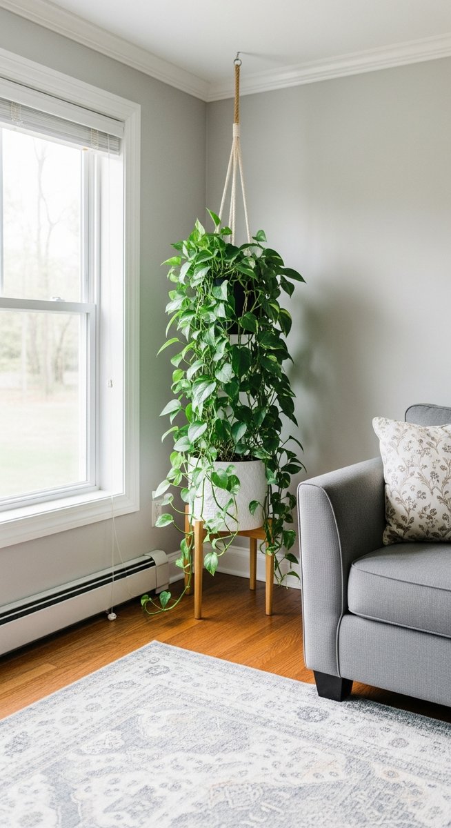 a large thriving pothos plant as a living room focal point, for do pothos need drainage