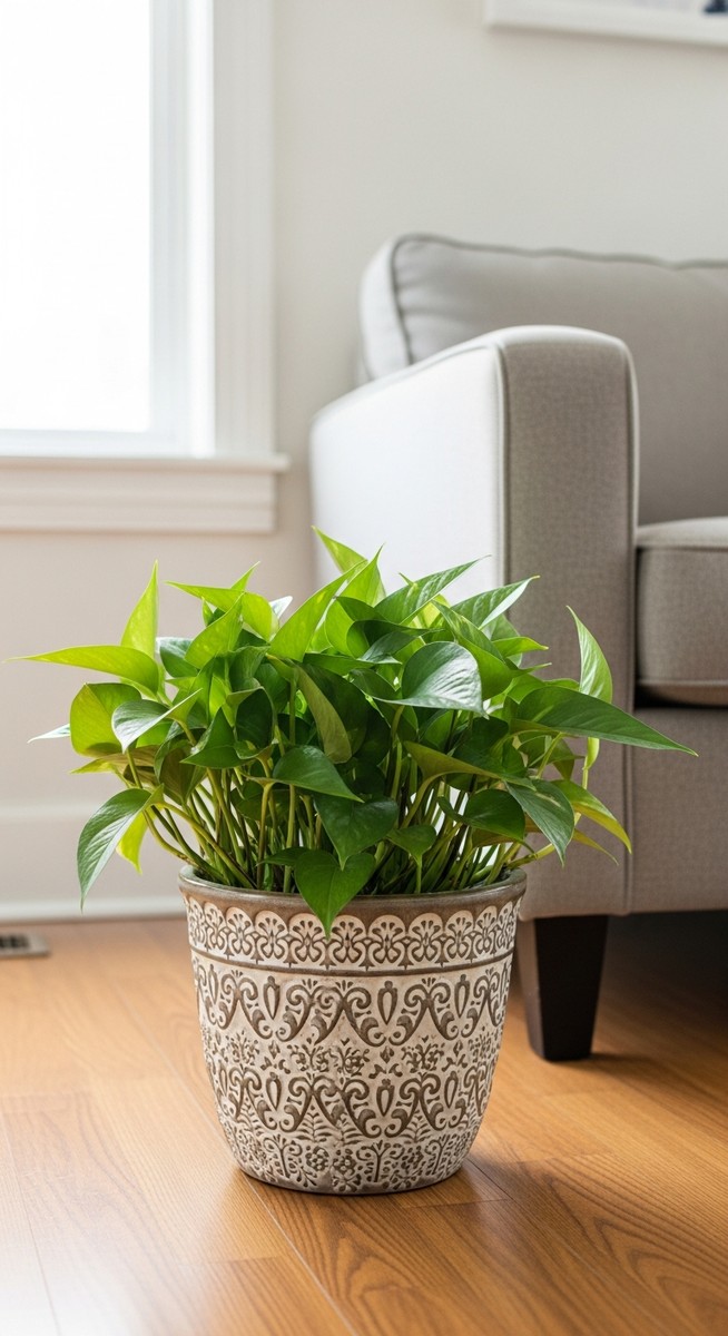a pothos plant in a decorative pot on a wooden floor