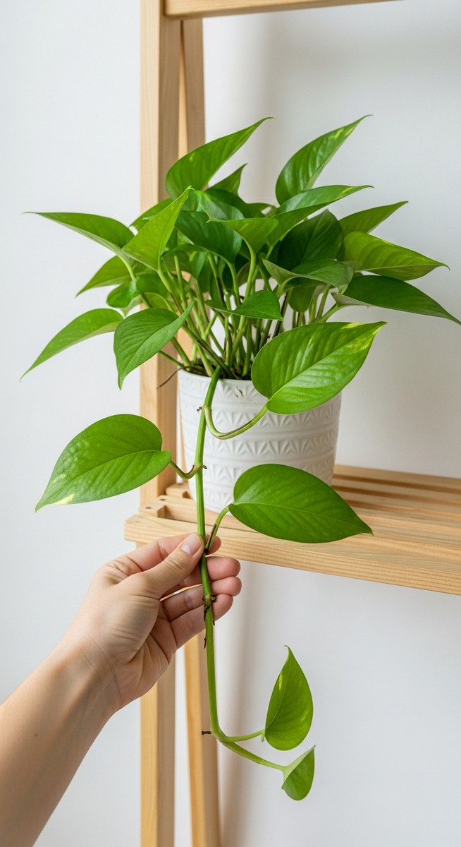 close-up of the base and lower leaves of a pothos plant, for do pothos need drainage