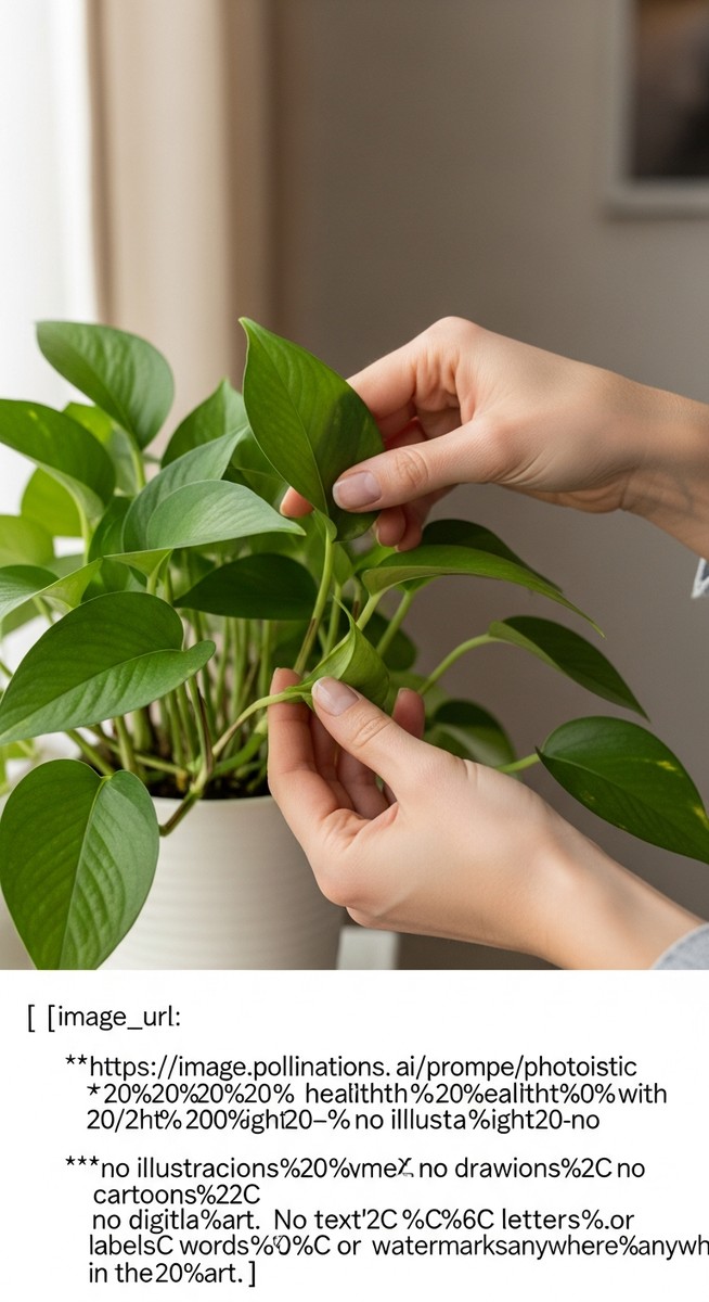 hands touching the leaves of a healthy pothos plant