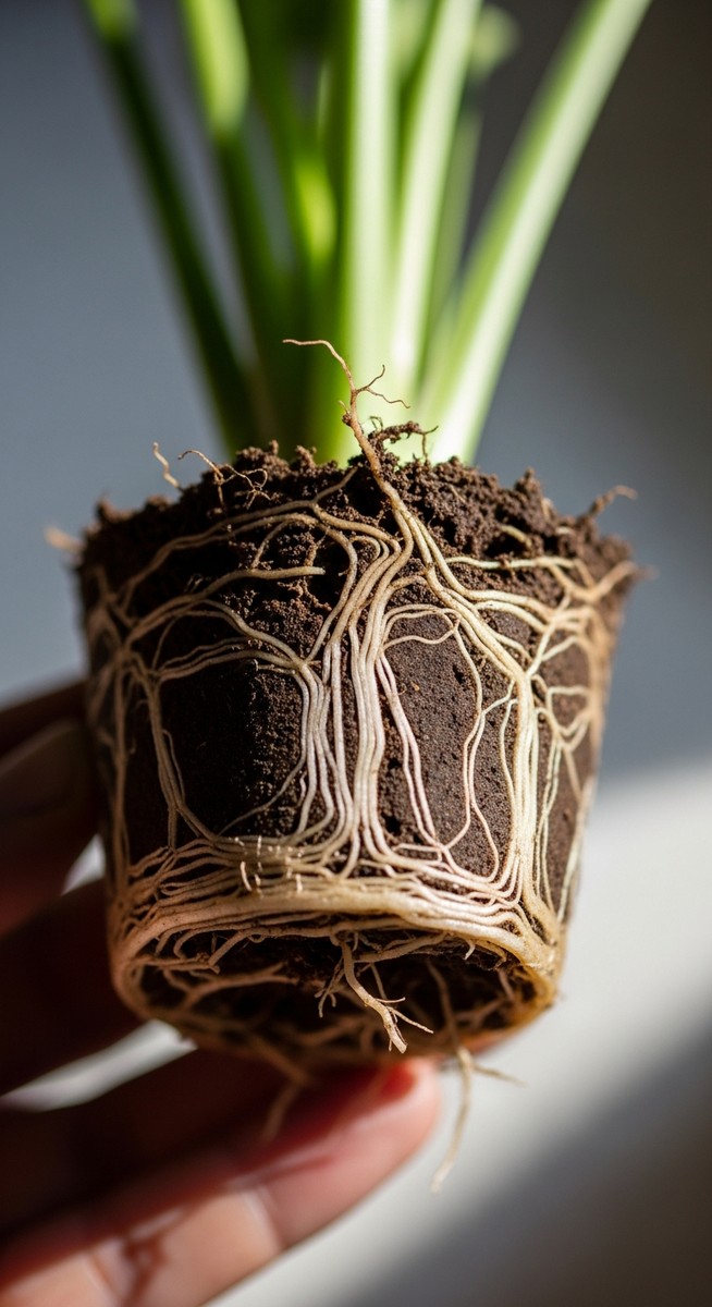 close-up of a dry wet fast plant's root ball exposed after removing from its pot
