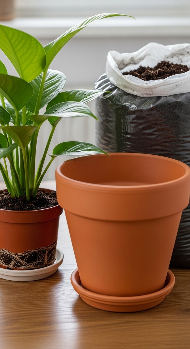 a dry wet fast plant next to a larger pot and fresh potting soil ready to repot, for dry wet soil fast