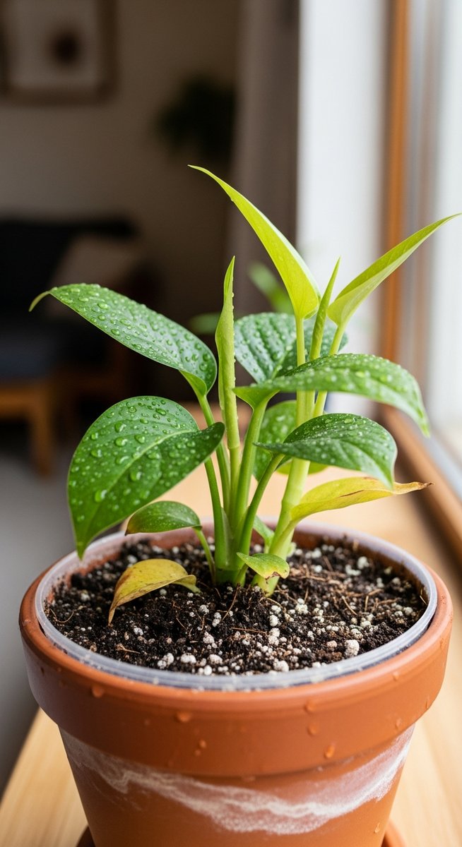 a freshly repotted dry wet fast plant in a new pot with fresh soil, for dry wet soil fast
