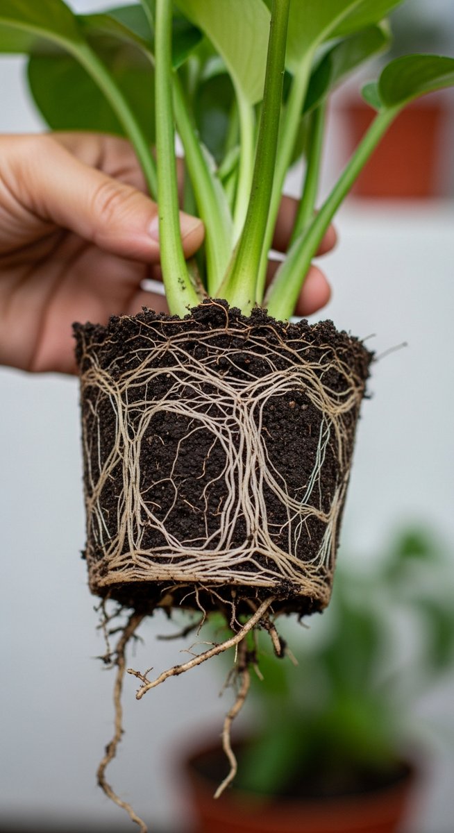 a dry wet fast plant held with roots visible ready to go into a new pot, for dry wet soil fast