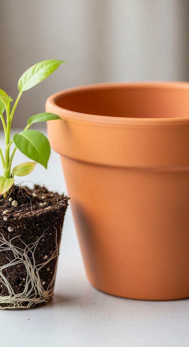 a dry wet fast plant in a small pot beside a larger empty pot