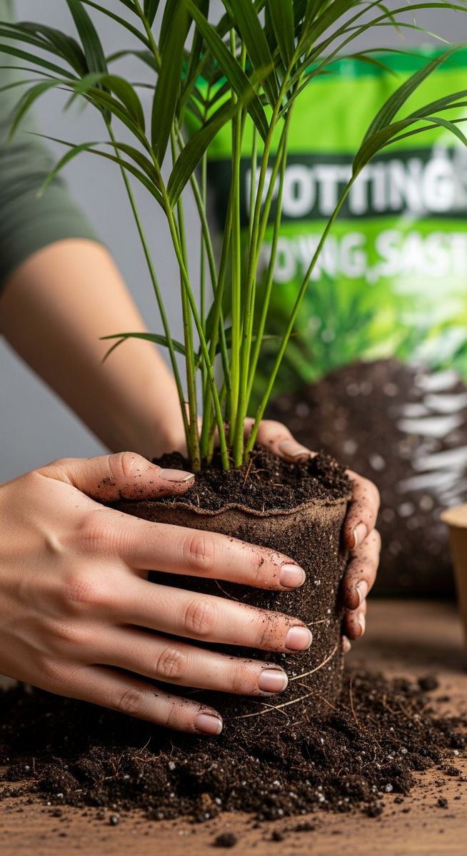 hands pressing fresh soil around a dry wet fast plant in its new pot