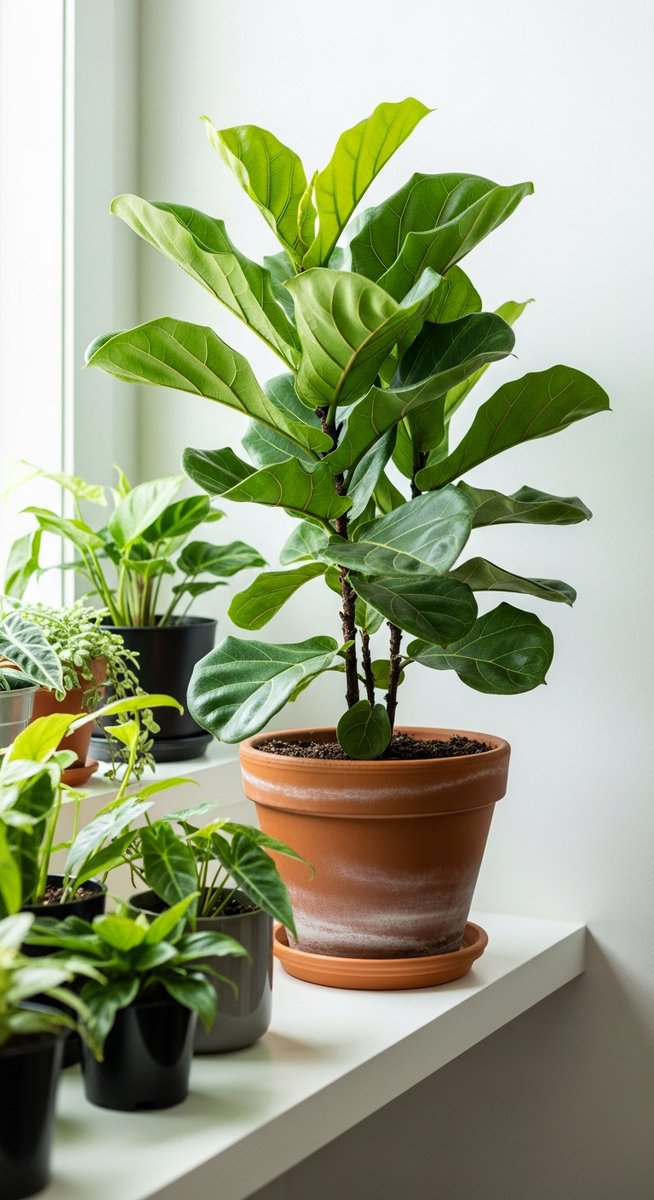 a lush fiddle leaf fig plant in a terracotta pot on a white shelf