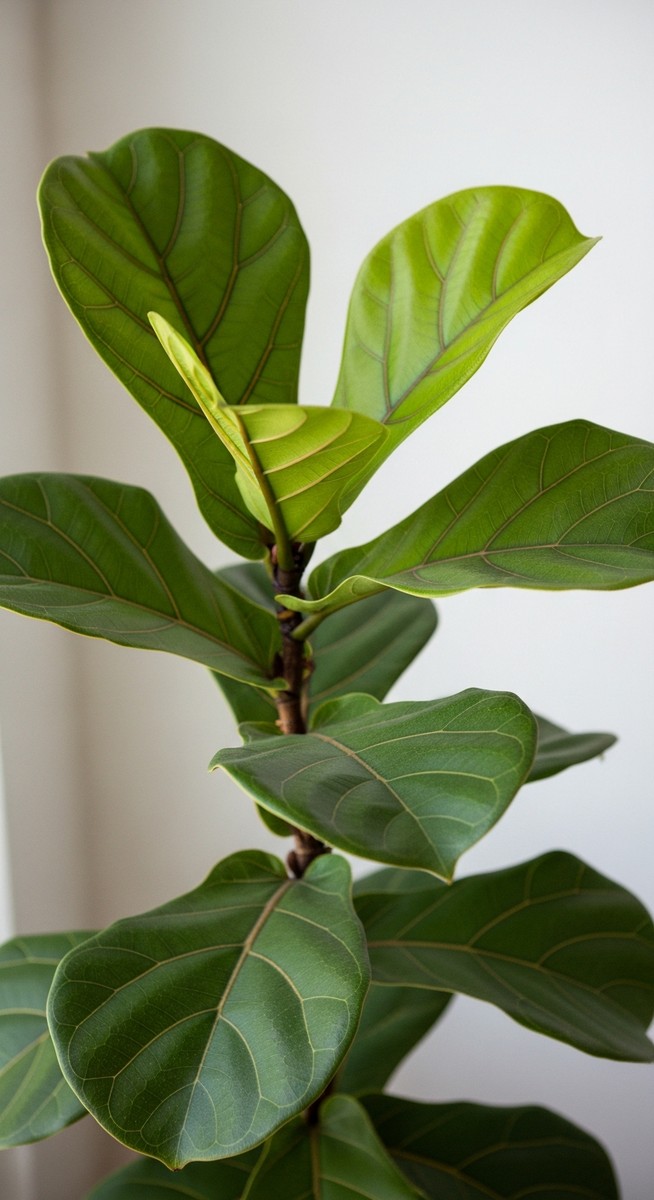 close-up of healthy fiddle leaf fig leaves showing vivid colour and texture, for dwarf fiddle leaf fig care