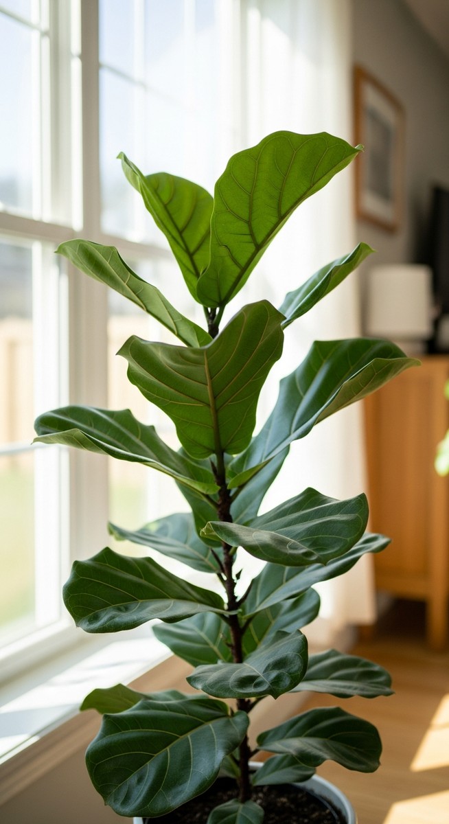 a fiddle leaf fig plant in a pot near a bright window