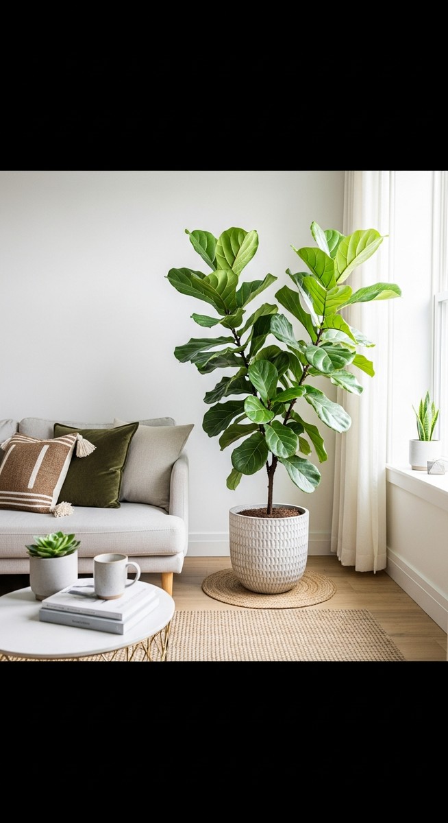a large thriving fiddle leaf fig plant as a living room focal point, for dwarf fiddle leaf fig care