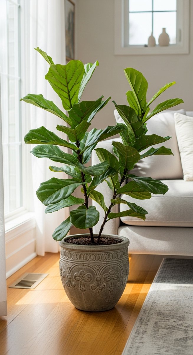 a fiddle leaf fig plant in a decorative pot on a wooden floor