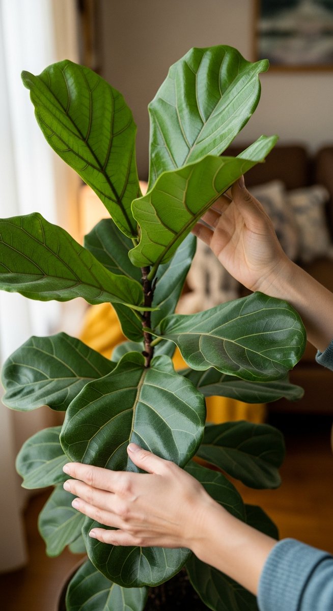 hands touching the leaves of a healthy fiddle leaf fig plant