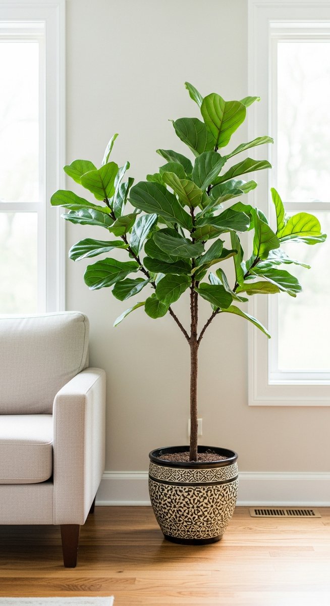 a fiddle leaf fig plant in a decorative pot on a wooden floor