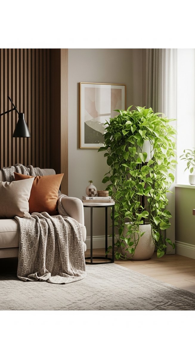 a large thriving pothos plant as a living room focal point, for emerald pothos