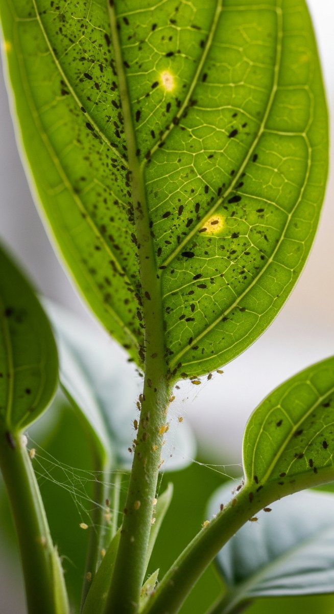 close-up of the underside of houseplant leaves showing pest insects