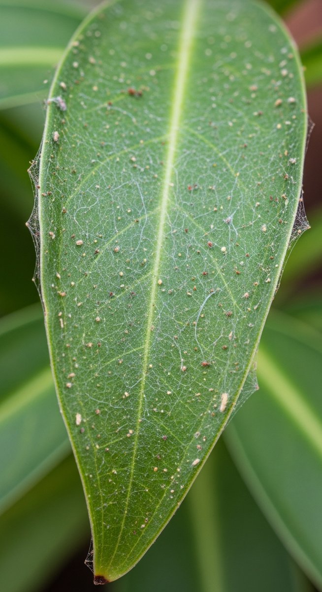 close-up of a houseplant leaf showing webbing from spider mites