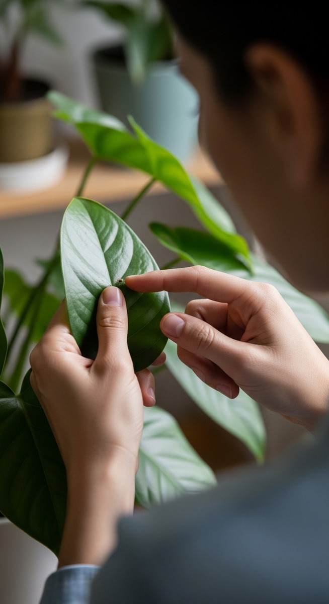 a person inspecting a houseplant plant for signs of pest infestation, for epsom salt kill fungus gnats