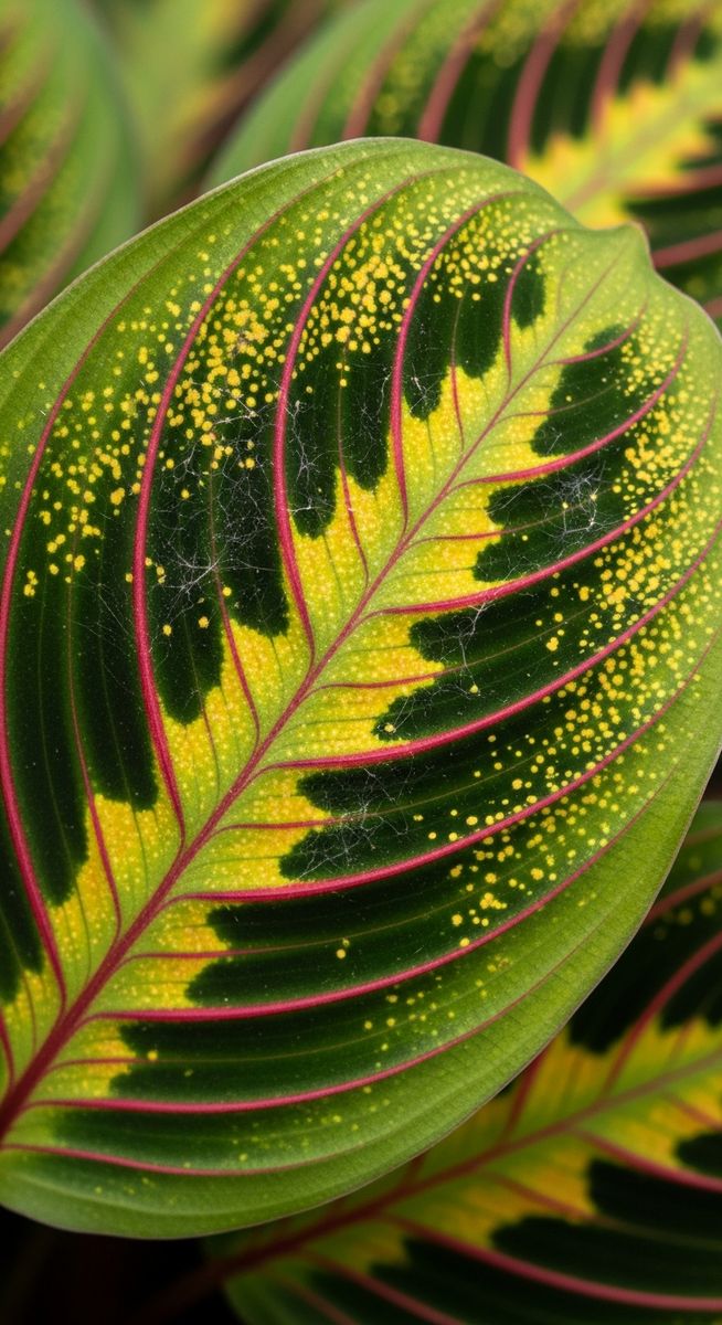 close-up of houseplant leaves showing stippling from pest damage
