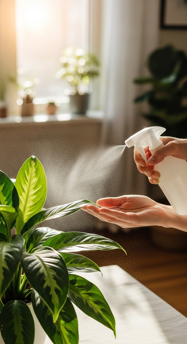 a houseplant plant being treated with a spray bottle for pests, for epsom salt kill fungus gnats
