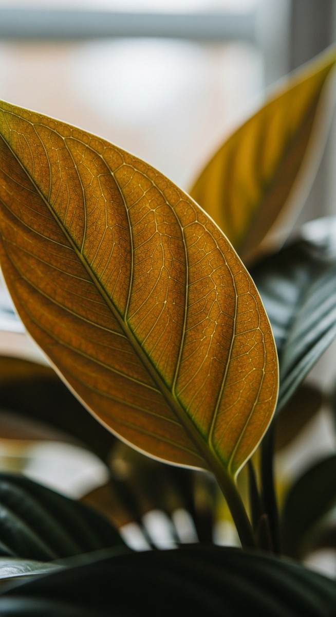 close-up of fall houseplant care plant leaves with natural autumn light