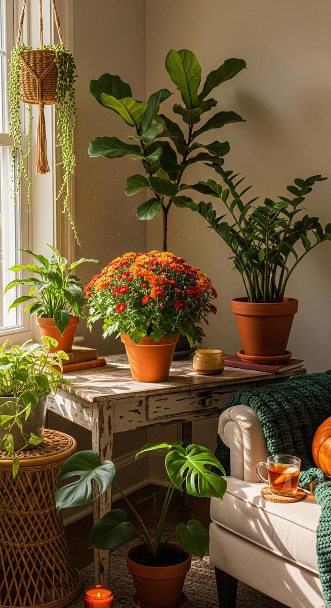 houseplants including a fall houseplant care plant grouped together in autumn