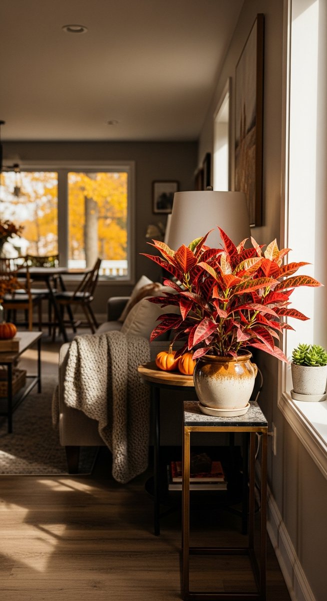 a home interior in autumn featuring a fall houseplant care plant, for fall houseplant care