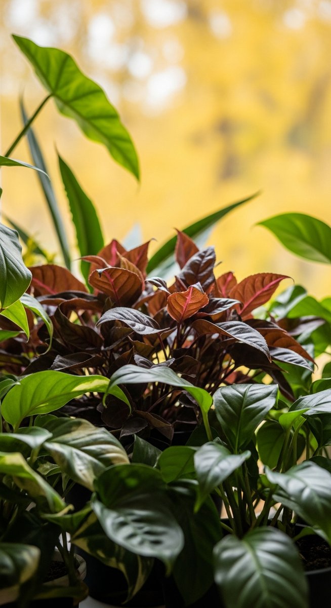 close-up of mixed houseplants plant leaves with natural autumn light