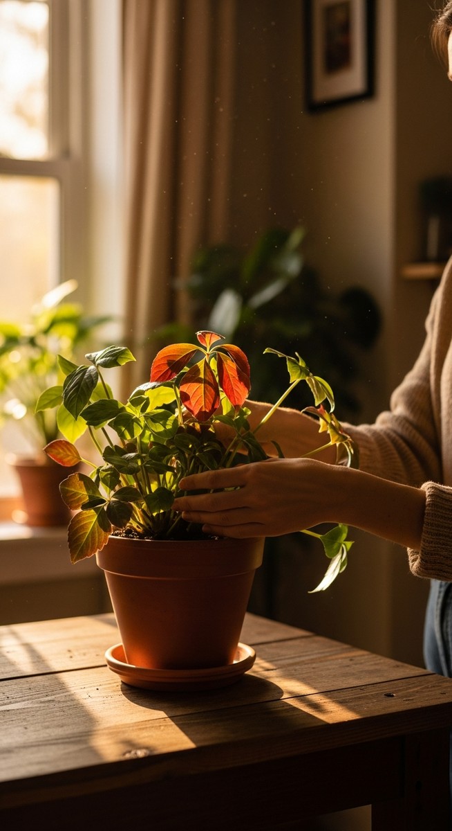 a person tending to a mixed houseplants plant in autumn, for fall houseplant care mistakes