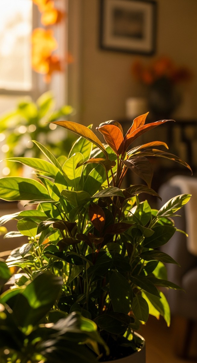 a mixed houseplants plant thriving in a home interior in autumn with warm golden light in autumn