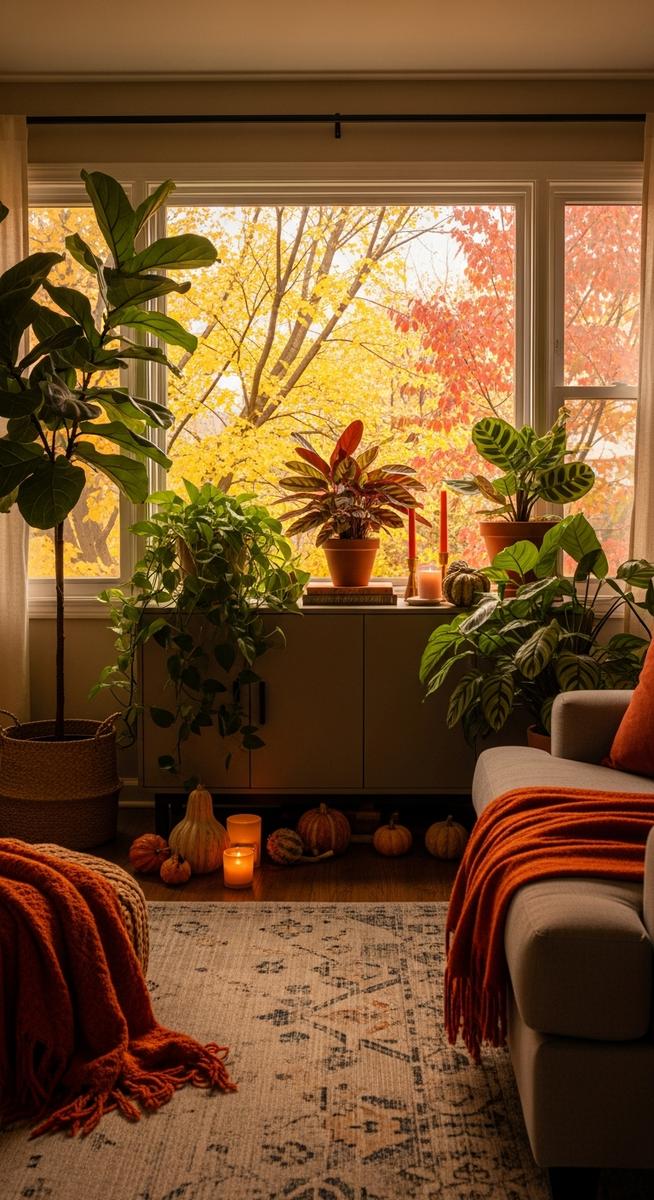 a home interior in autumn featuring a mixed houseplants plant, for fall houseplant care mistakes