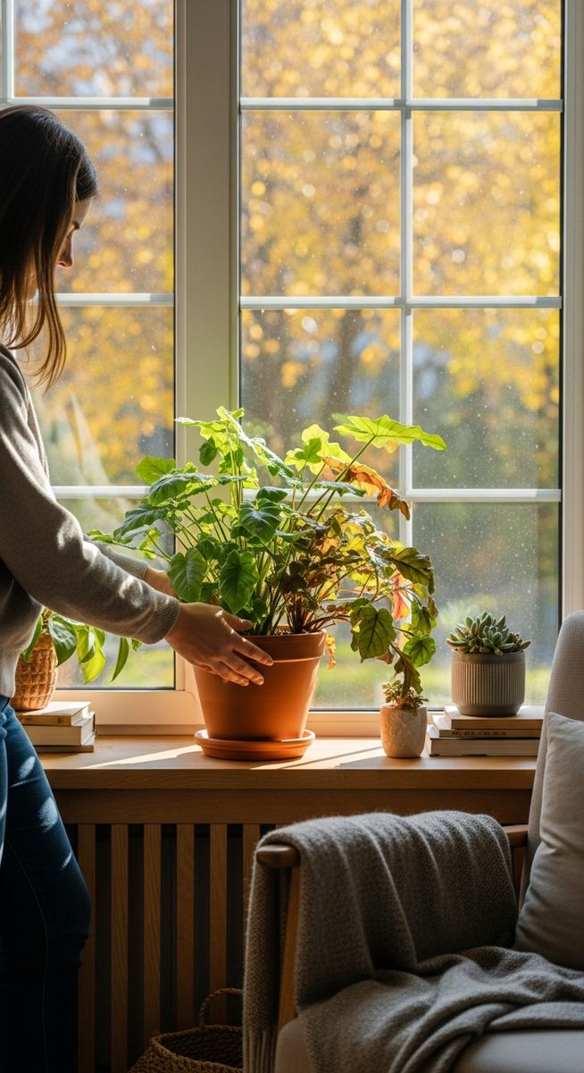 a person caring for a mixed houseplants plant near a window in autumn