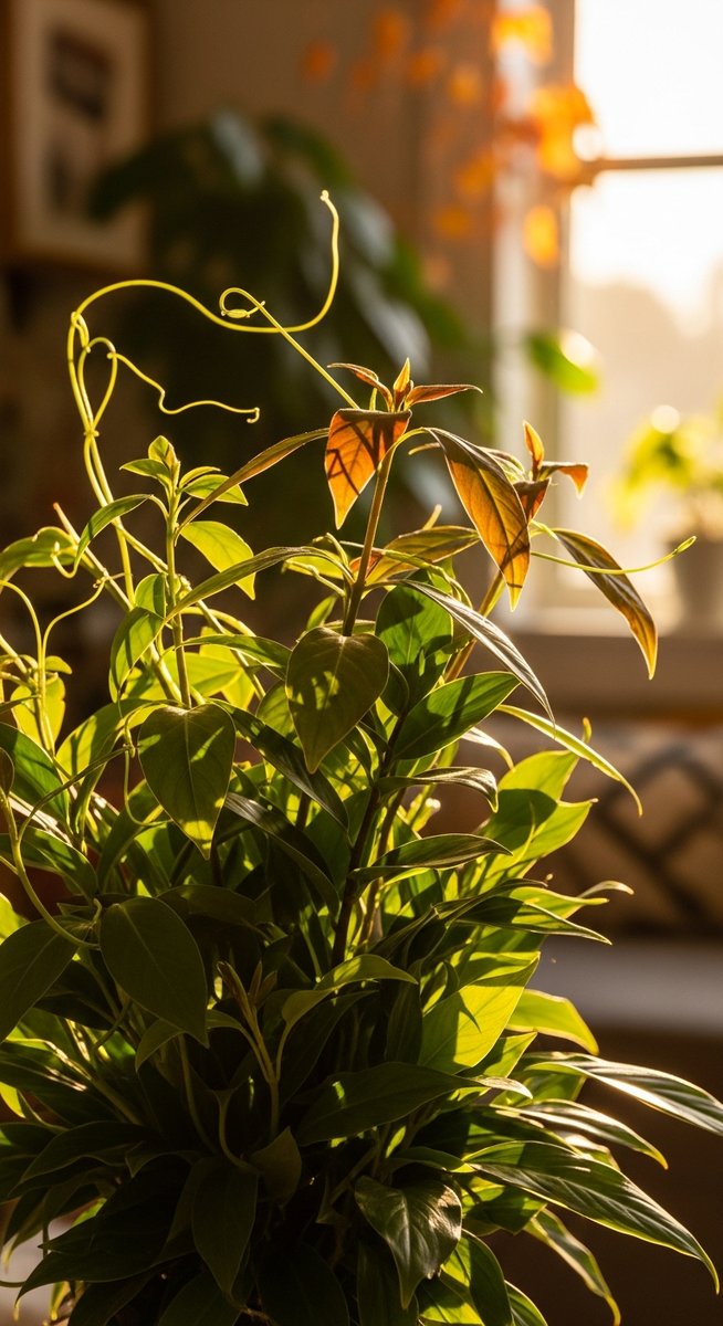 a mixed houseplants plant thriving in a home interior in autumn with warm golden light in autumn