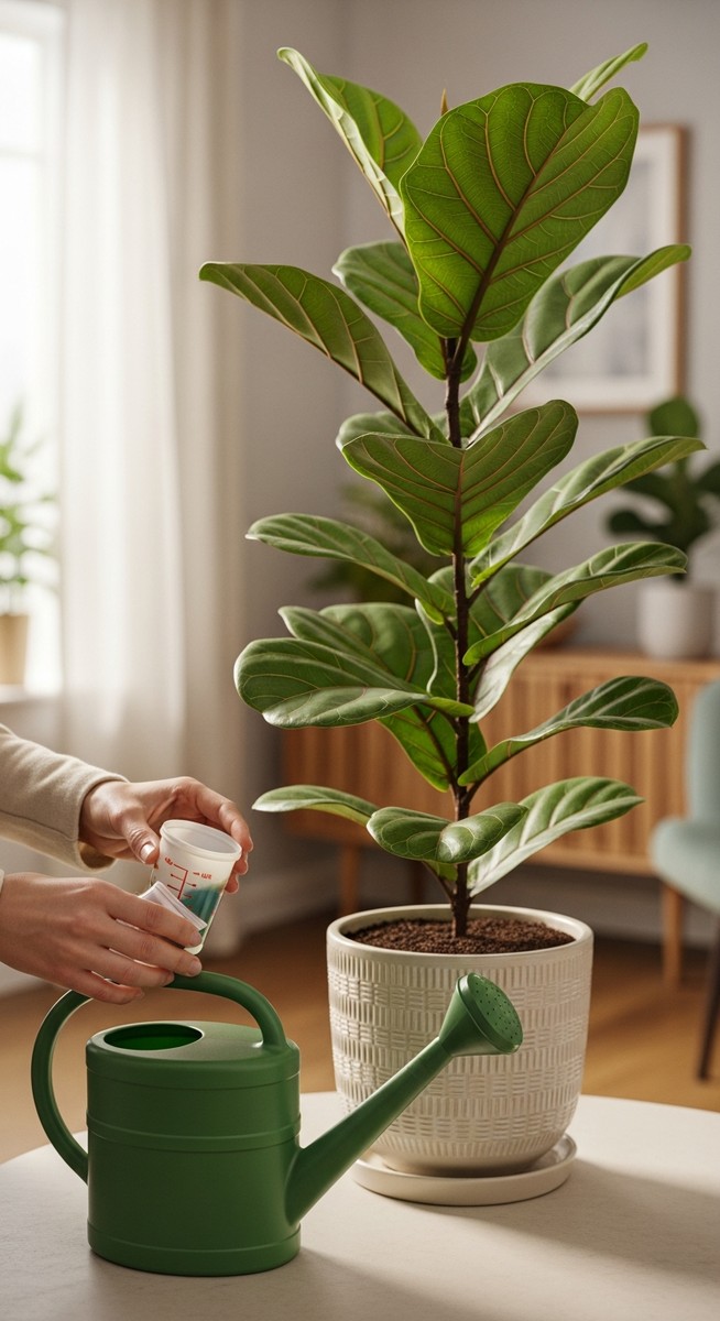 hands adding liquid fertilizer to a watering can next to a fiddle leaf fig plant