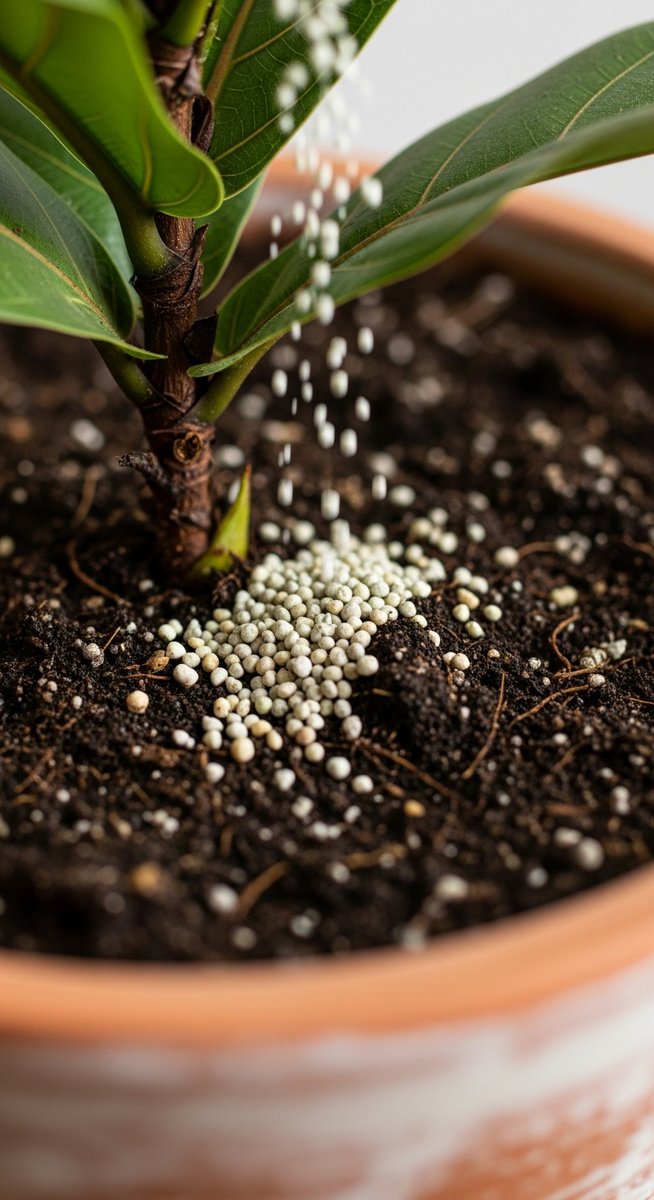 close-up of fertilizer granules being added to the soil of a fiddle leaf fig plant, for fertilizer fiddle leaf fig