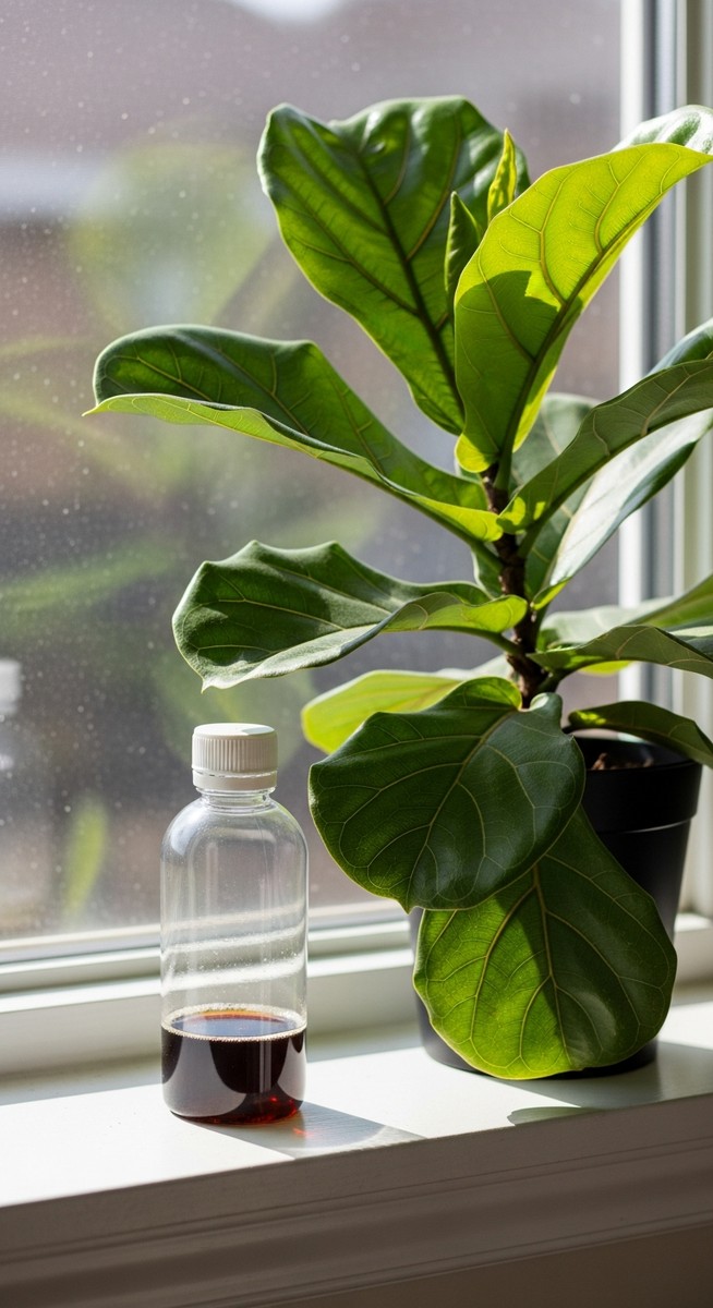 a fertilizer bottle placed next to a thriving fiddle leaf fig plant on a windowsill
