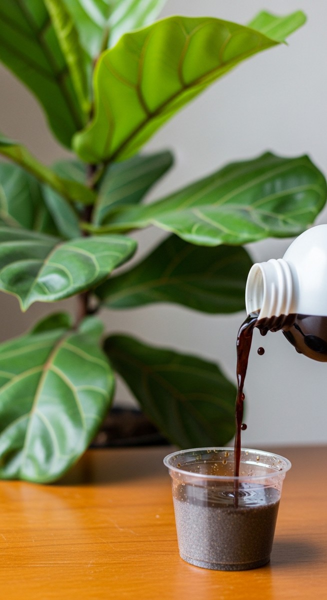 close-up of liquid fertilizer being measured next to a fiddle leaf fig plant