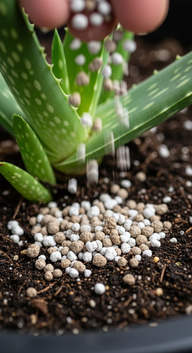 close-up of fertilizer granules being added to the soil of a aloe vera plant, for fertilizing aloe vera