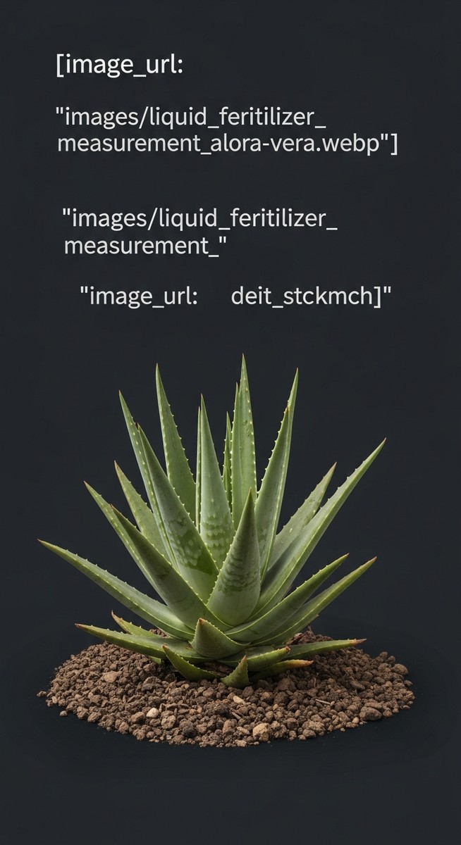 close-up of liquid fertilizer being measured next to a aloe vera plant