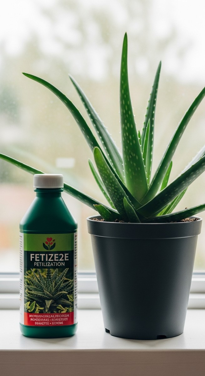 a fertilizer bottle placed next to a thriving aloe vera plant on a windowsill