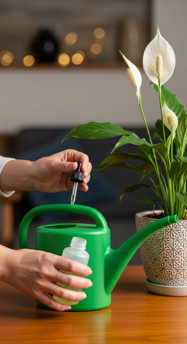 hands adding liquid fertilizer to a watering can next to a peace lilies plant