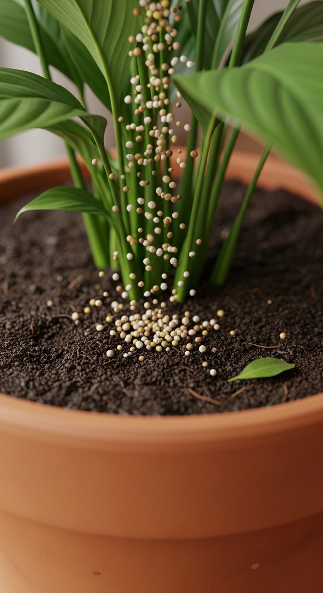 close-up of fertilizer granules being added to the soil of a peace lilies plant, for fertilizing peace lilies