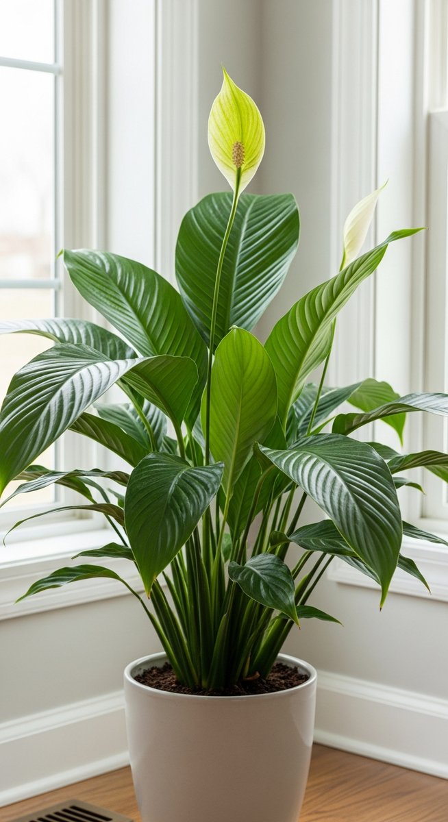 a healthy well-fertilized peace lilies plant with lush green leaves