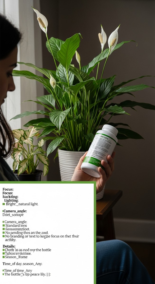 a person reading a fertilizer label standing next to a peace lilies plant, for fertilizing peace lilies