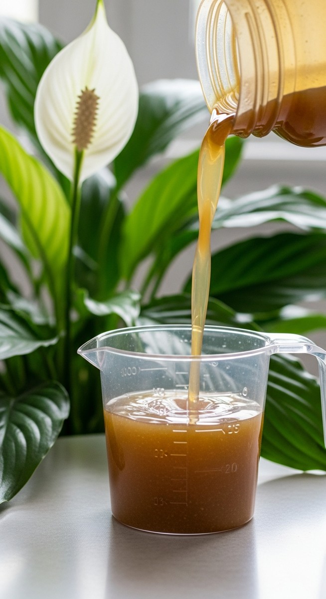 close-up of liquid fertilizer being measured next to a peace lilies plant